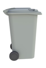 Beside view of grey garbage wheelie bin with a closed lid on a white background, 3D rendering