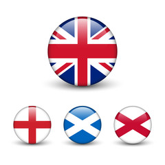 United Kingdom flag -England, Scotland, Ireland. Union Jack. Round glossy buttons with shadow