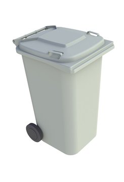 Isometric view of grey garbage wheelie bin with a closed lid on a white background, 3D rendering