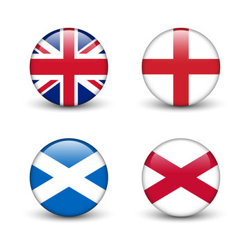United Kingdom flag -England, Scotland, Ireland. Union Jack. Round glossy buttons with shadow