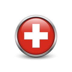 Flag of Switzerland, button with metal frame and shadow