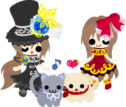 A black silk hat girl and a red dress girl and a little cat and a little dog