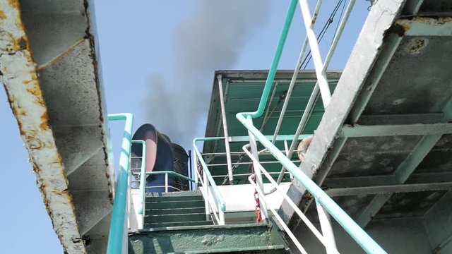 Ferry Ship Funnel Makes Black Smoke Cloud. Air Exhausting HD Slowmotion. Thailand.