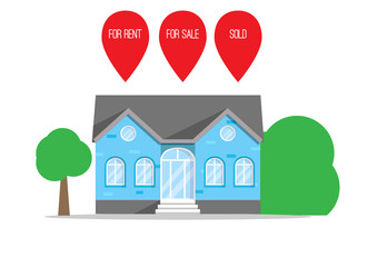 Fototapeta premium Flat design house with red markers for sale. for rent, sold.