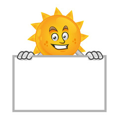 sun mascot with blank sign, sun character, sun cartoon vector
