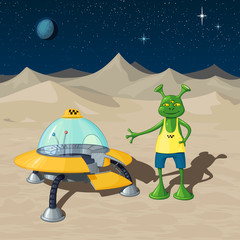 Межпланетное такси - летающая тарелка стоит с открытой дверцей на фоне пустынного инопланетного пейзажа, рядом стоит водитель - гуманоид

