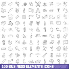 100 business elements icons set, outline style