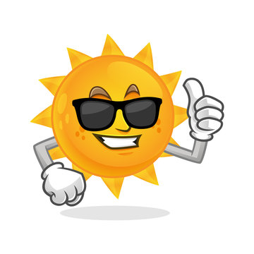 cool thumb up sun mascot wearing sunglasses, sun character, sun cartoon vector
