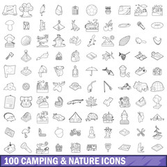 100 camping and nature icons set, outline style