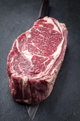 Raw Dry Aged Wagyu Entrecote Steak on a Japanese Knife