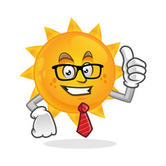 Businessman sun mascot wearing glasses and tie, sun character, sun cartoon vector
