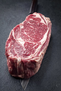 Raw Dry Aged Wagyu Entrecote Steak on a Japanese Knife