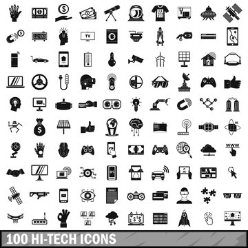 100 hi-tech icons set, simple style 