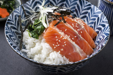 Traditional Japanese Salmon Sashimi with Rice and Vegetable