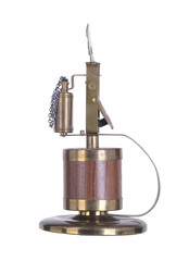 Retro lighter gasoline on a stand with a keg for cigarettes and a handle vintage old thing lid wick fire flint isolated