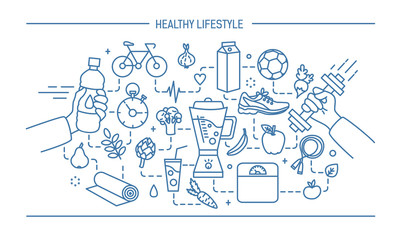 Line art flat vector illustration healthy lifestyle, sport and food objects.