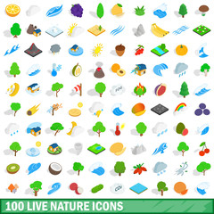 100 live nature icons set, isometric 3d style