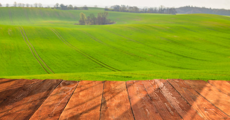 wooden desk top  and spring,green field