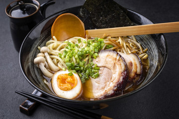 Traditional Ramen Yakibuta with Pork as close-up in a bowl