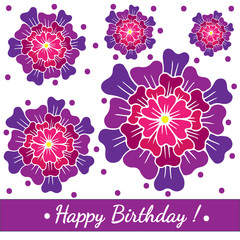Happy Birthday template greeting card with big pink flower and violet dots