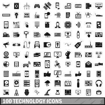 100 technology icons set, simple style 