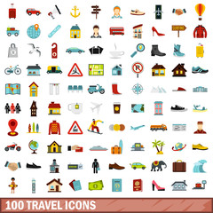 100 travel icons set, flat style