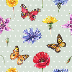Fototapety  Kwiaty polne, motyle, zioła. Bezszwowe tło kropki lato, styl vintage