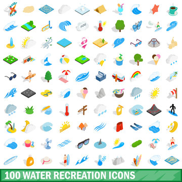 100 water recreation icons set, isometric 3d style