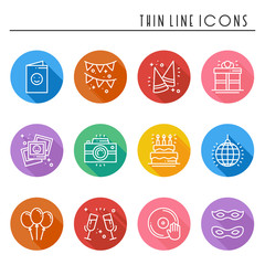 Party celebration thin line icons set. Birthday, holidays, event, carnival festive. Basic party elements icons collection. Vector simple linear design. Illustration. Symbols. Mask gifts cake cocktail