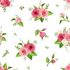 Vector seamless pattern with red, pink and white roses, lisianthuses, lilac and hydrangea flowers.