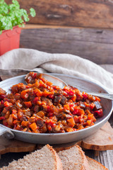 Vegetable stew with eggplants, selective focus