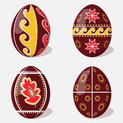 Set of Easter egg with a Ukrainian folk ornament. Pysanka. Holiday background, greeting card, poster or placard template in cartoon style. Vector illustration. Holiday Collection.