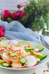 Potato salad with fresh summer vegetables, selective focus.