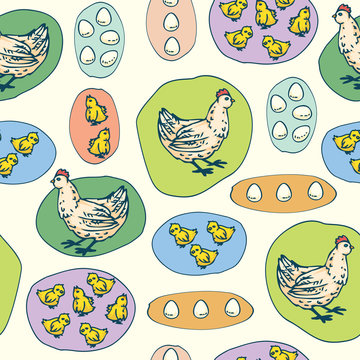 Hen, Little Chickens and Eggs Seamless Pattern