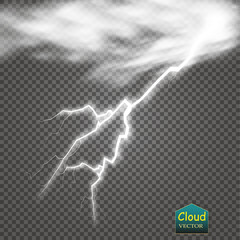 Storm and Lightning with rain and white cloud isolated on transparent background. Vector 