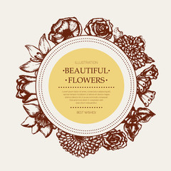 Beautiful Flowers - monochromatic hand drawn round banner.