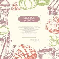 Delicious Coffee - color hand drawn composite flyer.