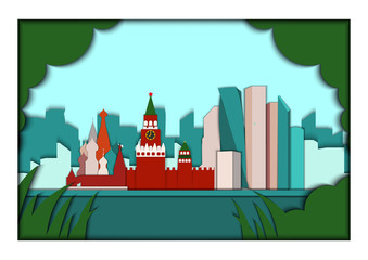 Paper applique style vector illustration. Card with application of Moscow ponorama with Kremlin, St. Basil's Cathedral and Moscow City Business center. Postcard