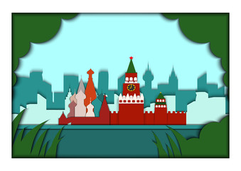 Obraz na płótnie Canvas Paper applique style vector illustration. Card with application of Moscow ponorama with Kremlin, St. Basil's Cathedral. Postcard