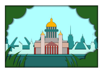 Paper applique style vector illustration. Card with application of Saint Petersburg ponorama with St. Isaac's Cathedral.Postcard