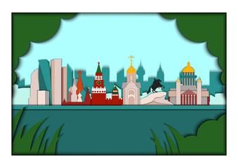 Naklejka premium Paper applique style vector illustration. Card with application of panorama of the largest Russian cities. Moscow, Saint Petersburg and Novosibirsk.Postcard