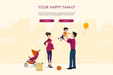Illustration of happy family in a big city. Mother, Father and son walk in the street. Dad throws up  his son, pregnant mom stand next of them with baby stroller