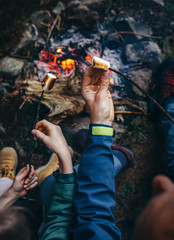 Father and son takes in hands roasted on campfire marshmallow candies close up image