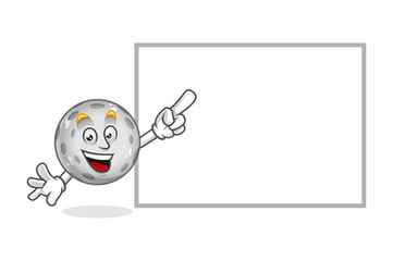 moon mascot pointing to a blank sign, moon character, moon cartoon vector
