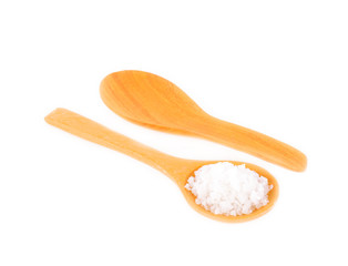 wood spoon salt on white background