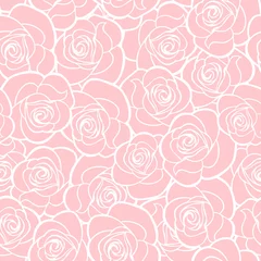Behang Rozen Vector naadloos patroon met witte rozencontouren op roze.