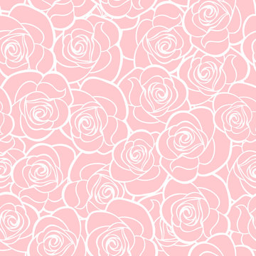 Vector seamless pattern with white roses contours on pink.