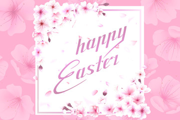 Happy Easter card with eggs, Cherry flowers, lettering, calligraphy. Vector illustration EPS10