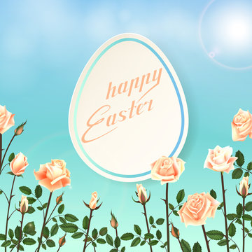 Happy Easter card with eggs, roses flowers, lettering, calligraphy. Vector illustration EPS10