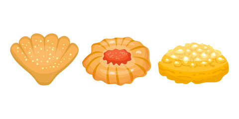 Different cookie homemade breakfast bake cakes isolated and tasty snack biscuit pastry delicious sweet dessert bakery eating vector illustration.